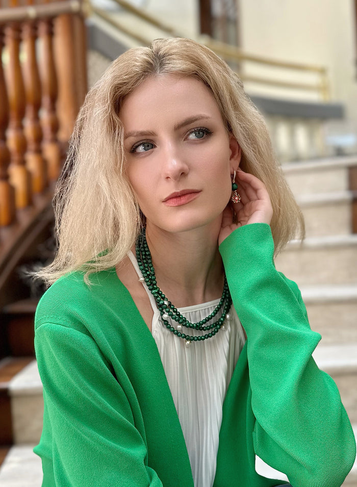 Malachite & Freshwater Pearls Triple Strands Necklace KN028 - FARRA