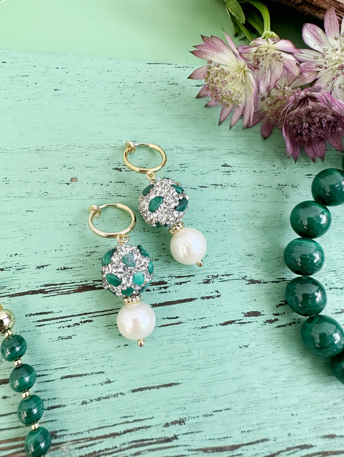 Malachite Rhinestone With Freshwater Pearls Clip-on Earrings JE036 - FARRA