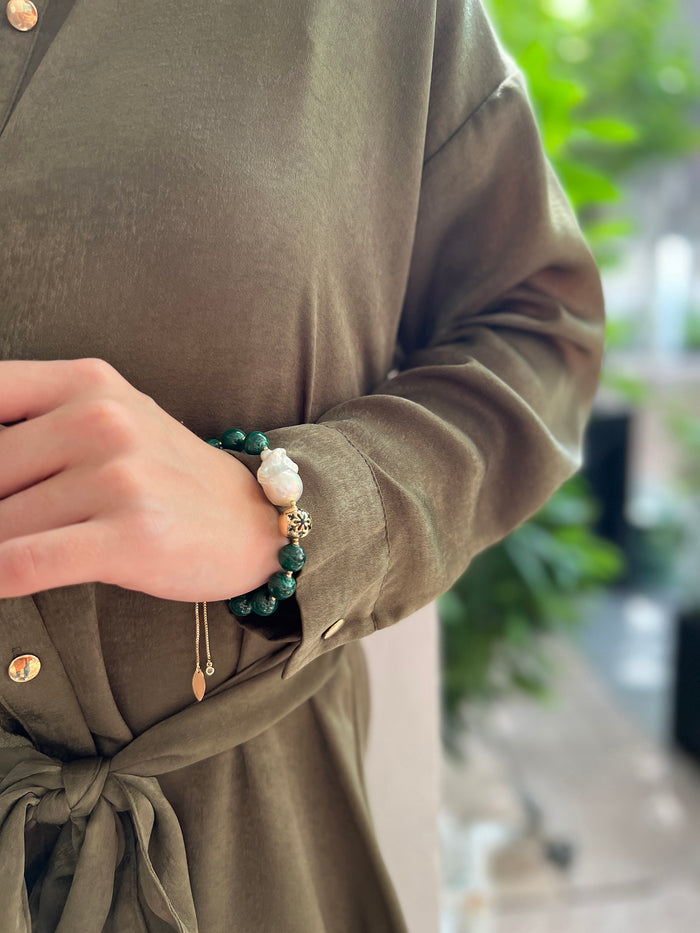 Malachite With Baroque Pearl Adjustable Bracelet HB009 - FARRA