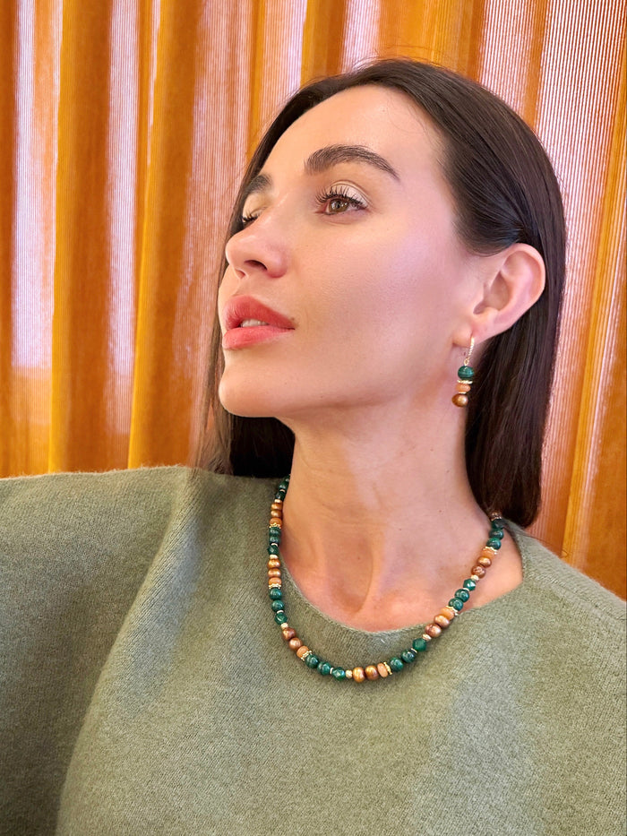 Malachite With Brown Freshwater Pearl And Gems Earrings SE017