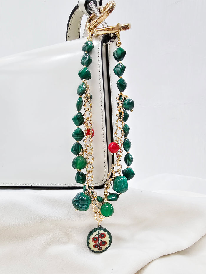 Malachite With Cat Paw Double Layers Bag Charm