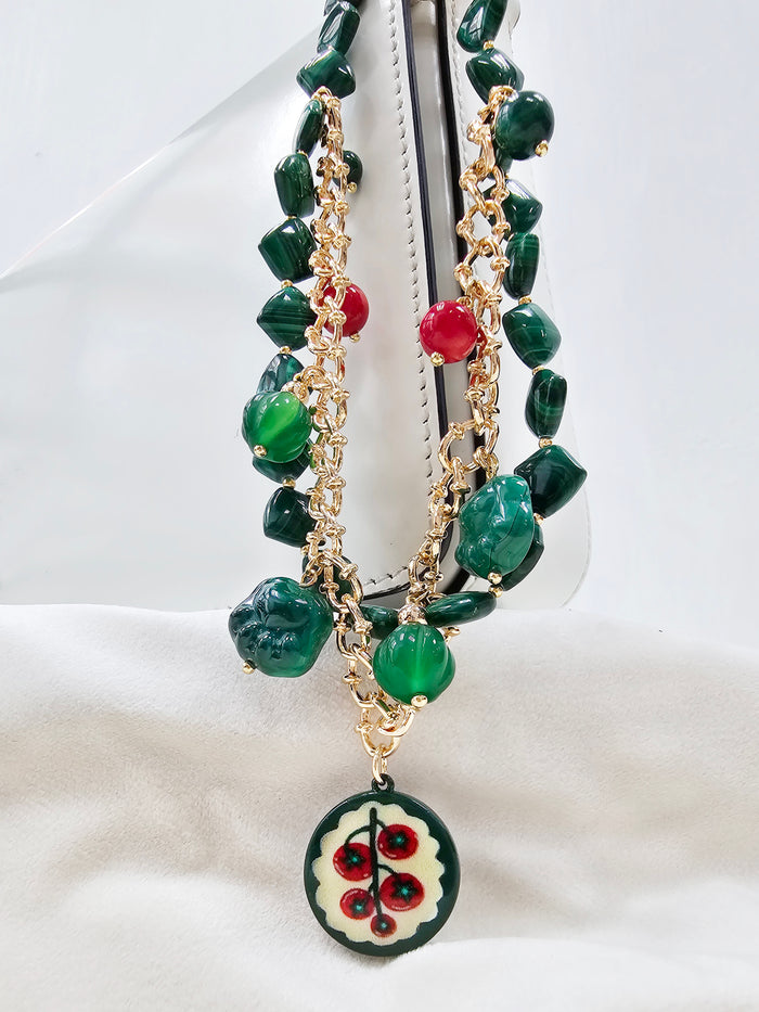Malachite With Cat Paw Double Layers Bag Charm