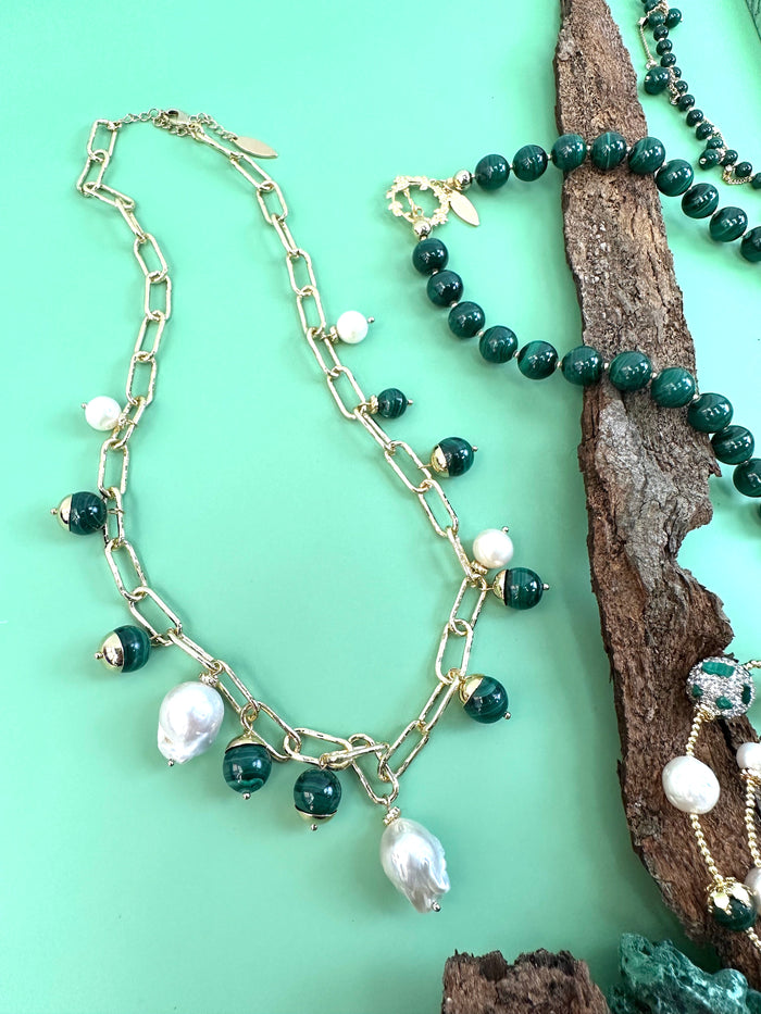Malachite With Freshwater Pearls Chain Necklace JN046 - FARRA