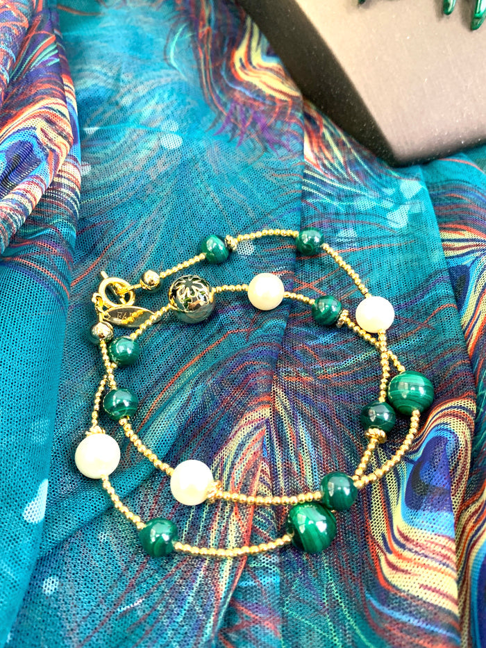 Malachite With Freshwater Pearls Double Layers Bracelet/ Choker HB006 - FARRA