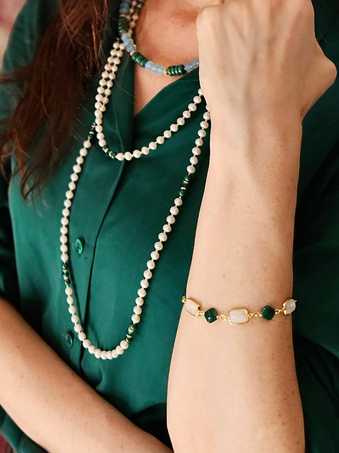 Malachite With Freshwater Pearls Versatile Long Necklace NN035