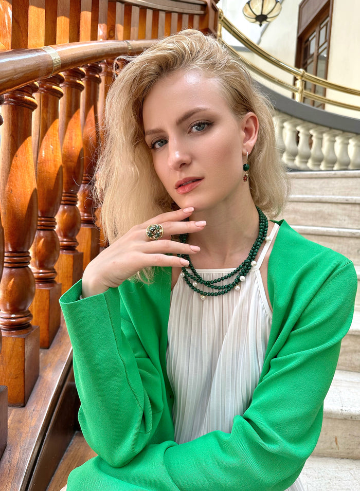 Malachite With X'mas Flower Dangle Earrings KE012 - FARRA