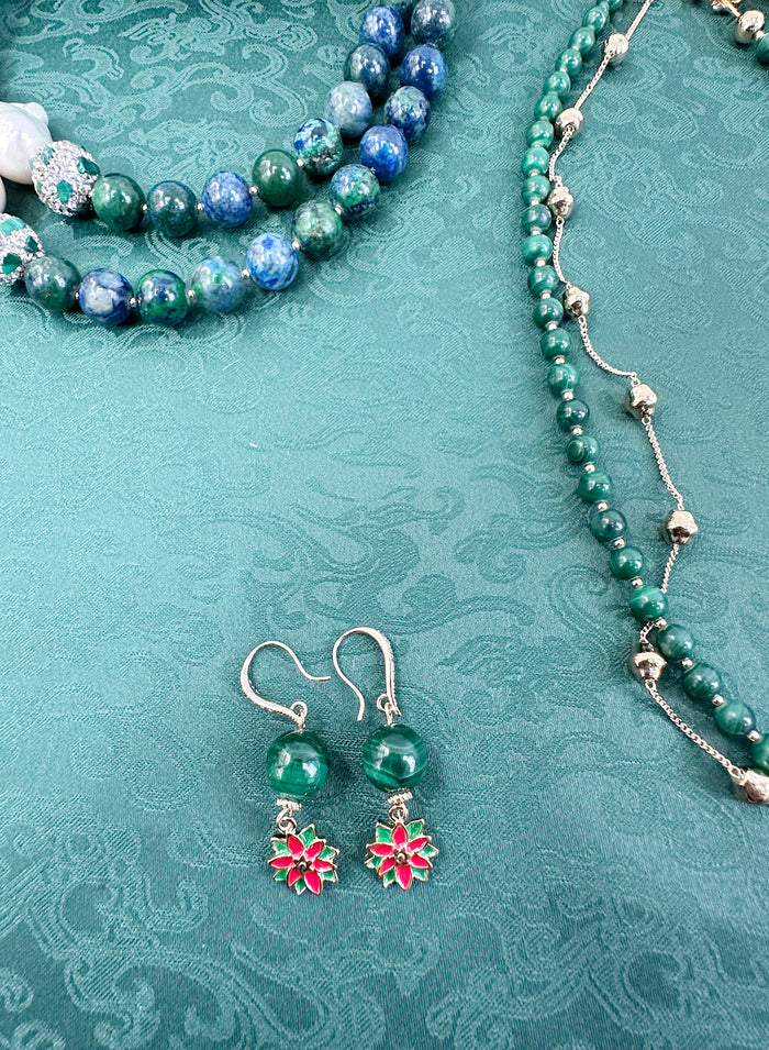Malachite With X'mas Flower Dangle Earrings KE012 - FARRA