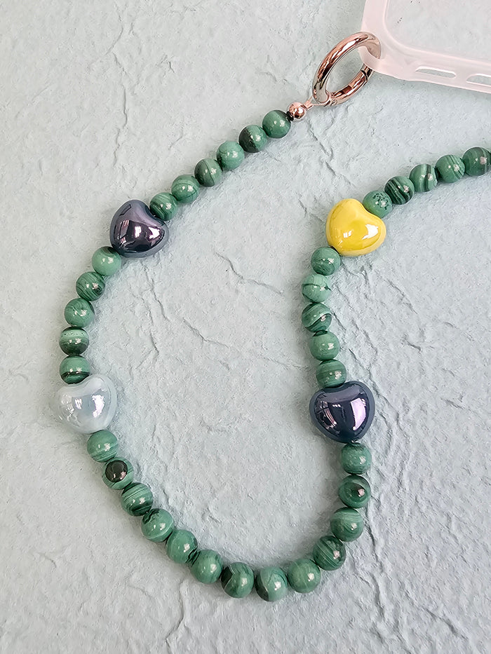 Malachite With Yellow And Green Ceramic Hearts Phone Charm PC033