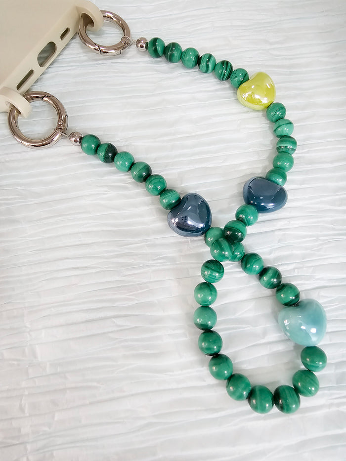 Malachite With Yellow And Green Ceramic Hearts Phone Charm PC033