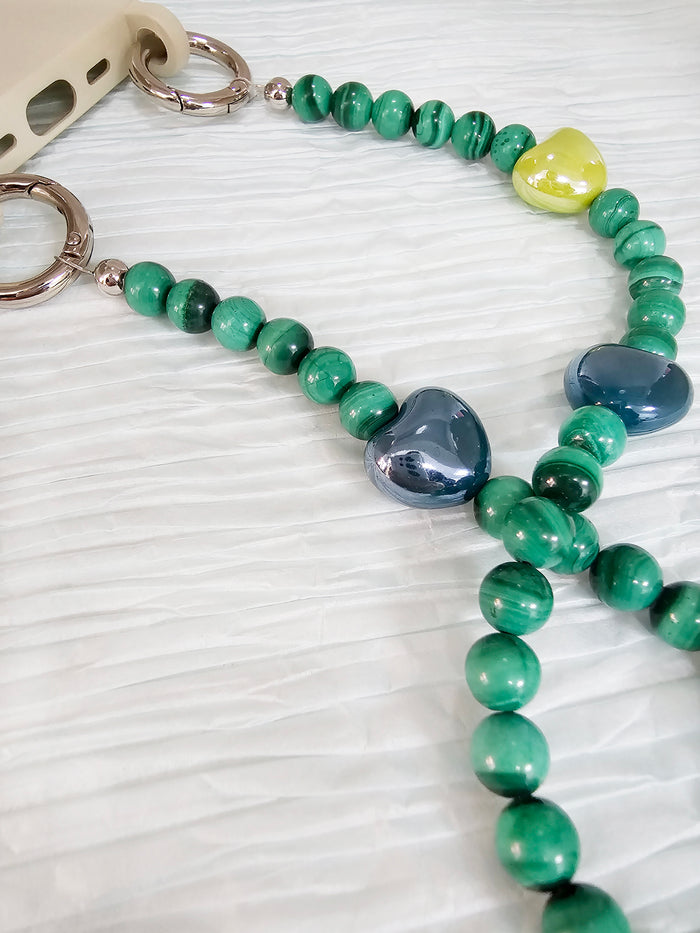 Malachite With Yellow And Green Ceramic Hearts Phone Charm PC033