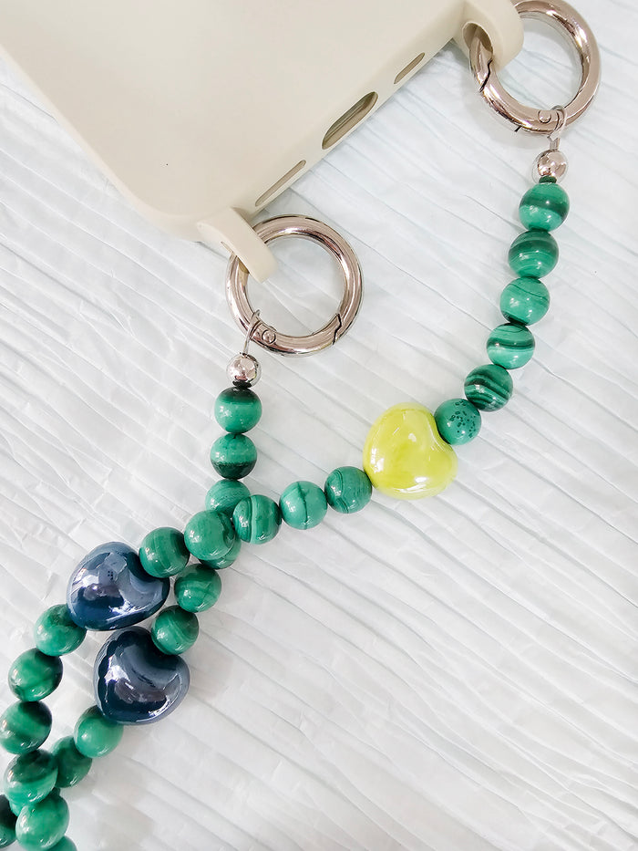 Malachite With Yellow And Green Ceramic Hearts Phone Charm PC033