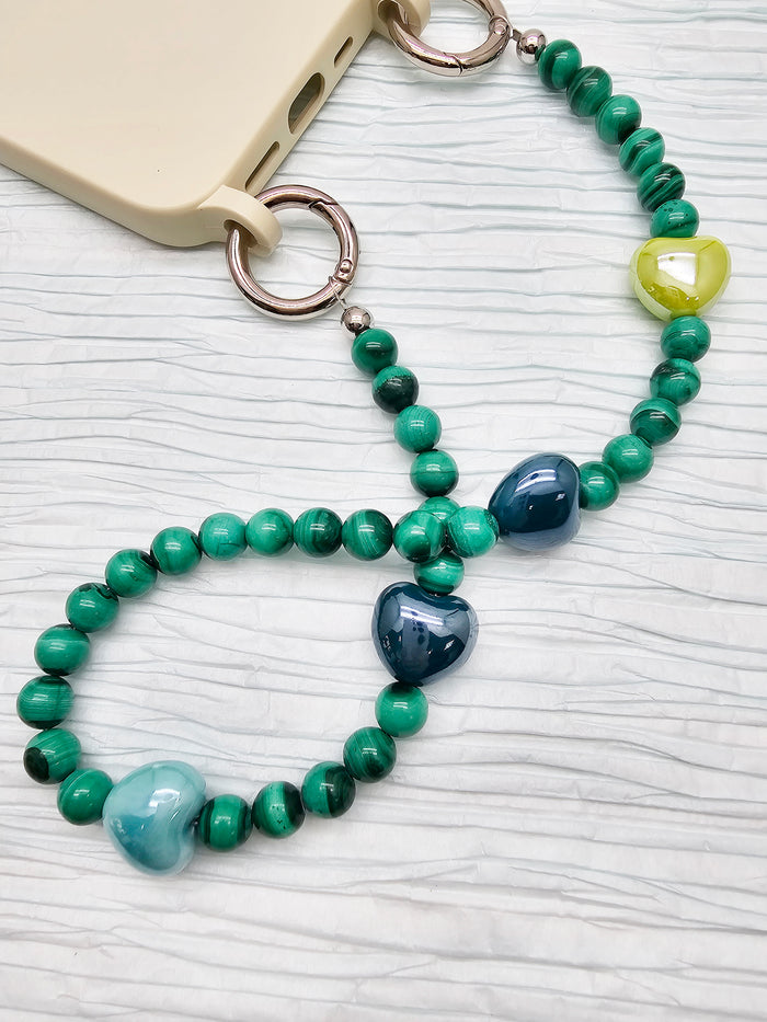 Malachite With Yellow And Green Ceramic Hearts Phone Charm PC033