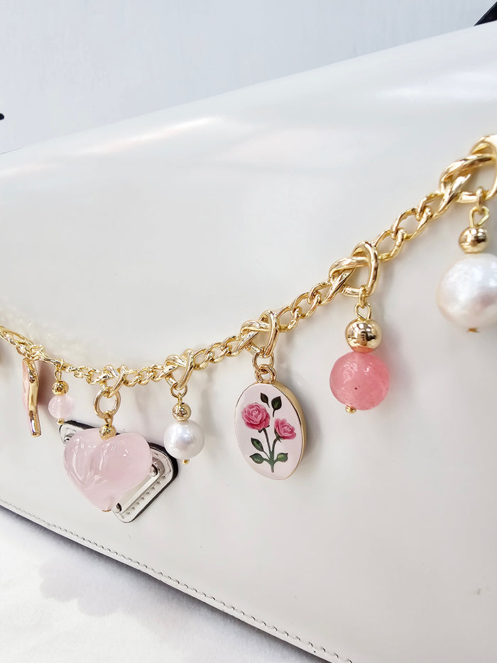 Meaningful Freshwater Pearls & Rose Quartz Chain Bag Charm