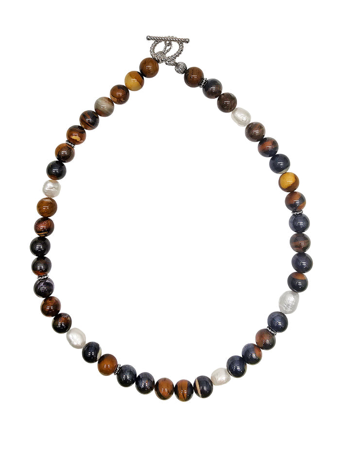 Men's Tiger's Iron Stone with Freshwater Pearls Necklace MEN19