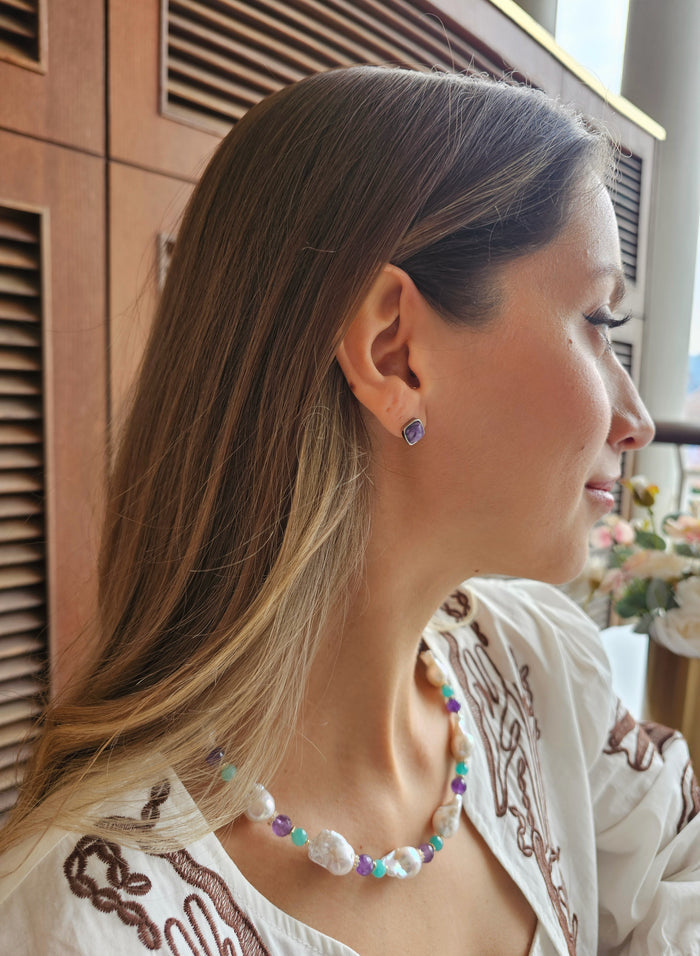 Minimalist Square Charoite Stud Earrings RE003