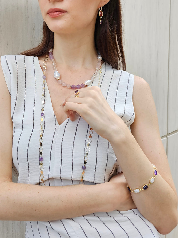 Modern Style Amethyst Long Chain Necklace PN009