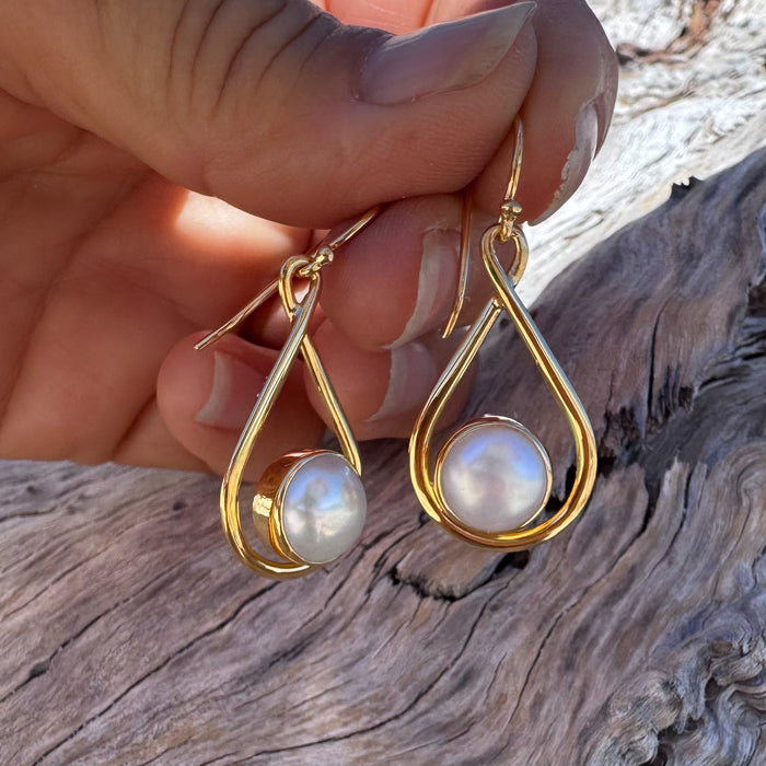 moonlight bay pearl earrings in gold vermeil with 9mm freshwater pearls Australian designed beachy boho jewellery