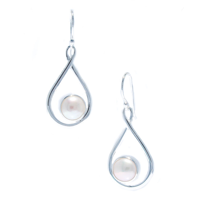 Moonlight Bay pearl hook earrings in 925 sterling silver with open teardrop frame designed in Broome Western Australia