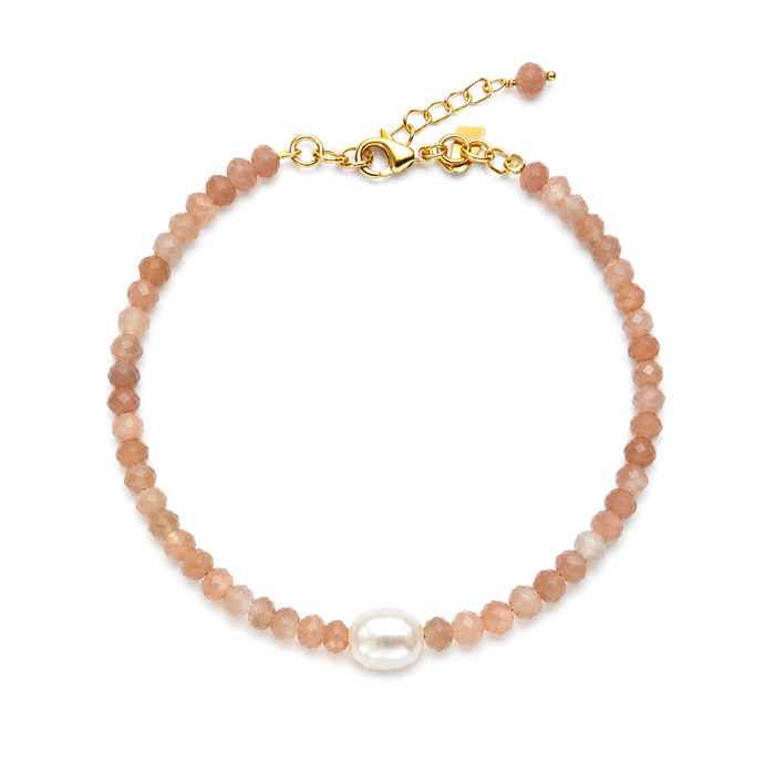 Moonstone Keshi Pearl Bracelet Gold with faceted moonstone beads, genuine freshwater keshi pearl and gold vermeil accents, designed in Broome Western Australia.