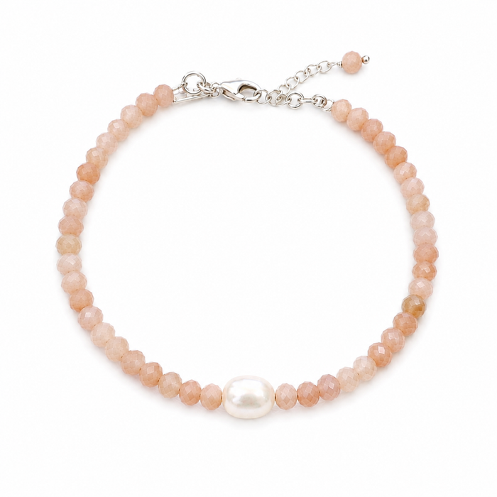 Moonstone Pearl Bracelet Silver featuring faceted peach gemstone beads, a genuine freshwater pearl, sterling silver clasp, and adjustable chain