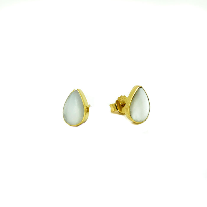 Mother of Pearl Dew Drop Stud Earrings in gold vermeil featuring genuine mother of pearl gemstones in a delicate teardrop stud design.