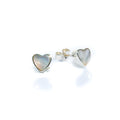 A pair of heart-shaped mother of pearl stud earrings set in sterling silver.