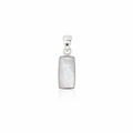 A silver rectangular pendant featuring a smooth, iridescent white mother-of-pearl inlay