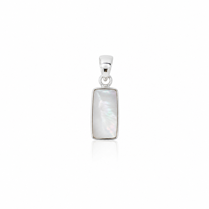 A silver rectangular pendant featuring a smooth, iridescent white mother-of-pearl inlay