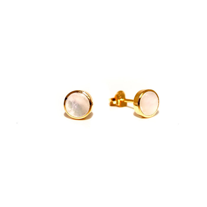 6mm mother of pearl round stud earrings in gold vermeil inspired by coastal Australian style