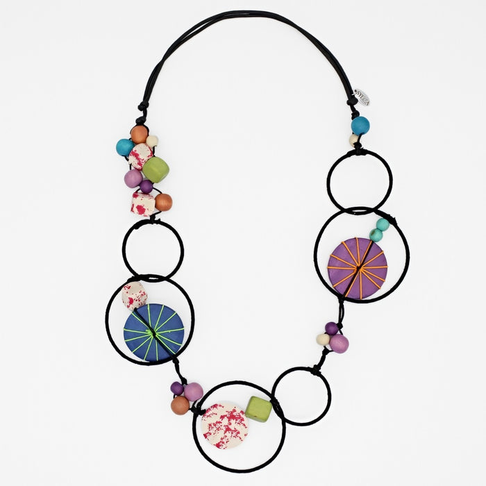 Colorful necklace with circular and bead designs on a white background
