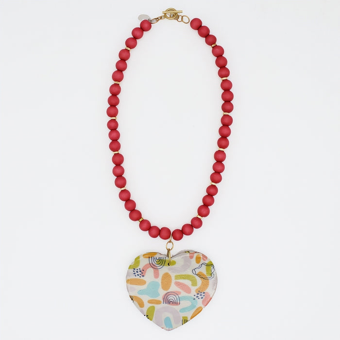 Multi Color Rainbow Decoupage Heart Necklace - Sylca Designs - Artsy Chunky Jewelry