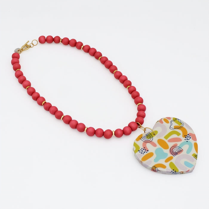 Multi Color Rainbow Decoupage Heart Necklace - Sylca Designs - Artsy Chunky Jewelry