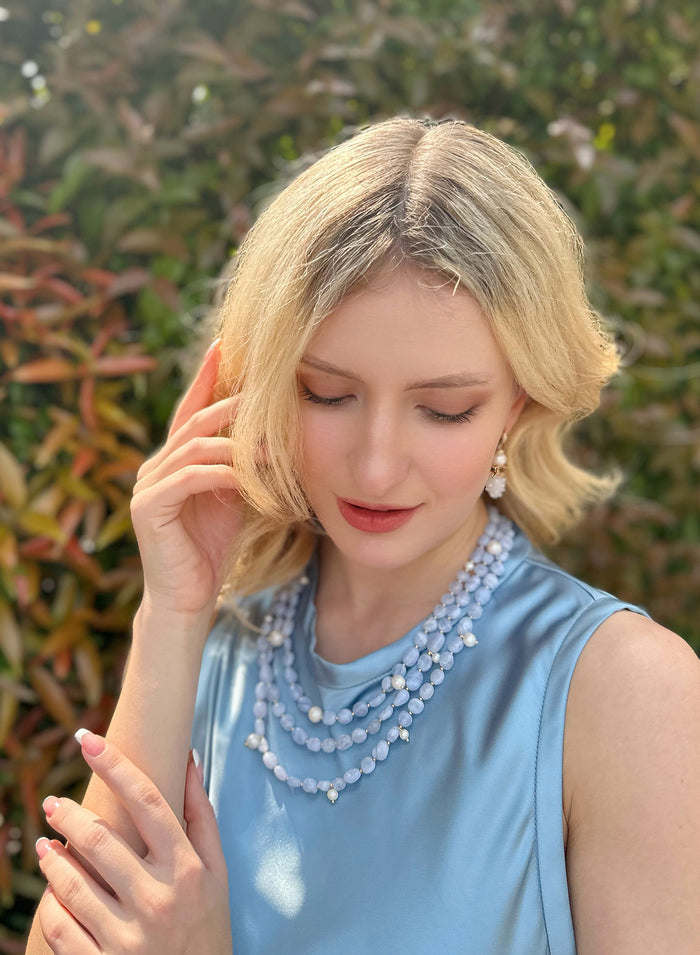 Multi-Layers Blue Lace Agate with Pearls Necklace JN033 - FARRA