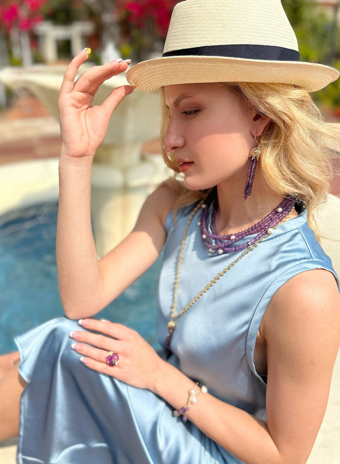 Multi-layers Matte Amethyst with Pearls Necklace JN034 - FARRA