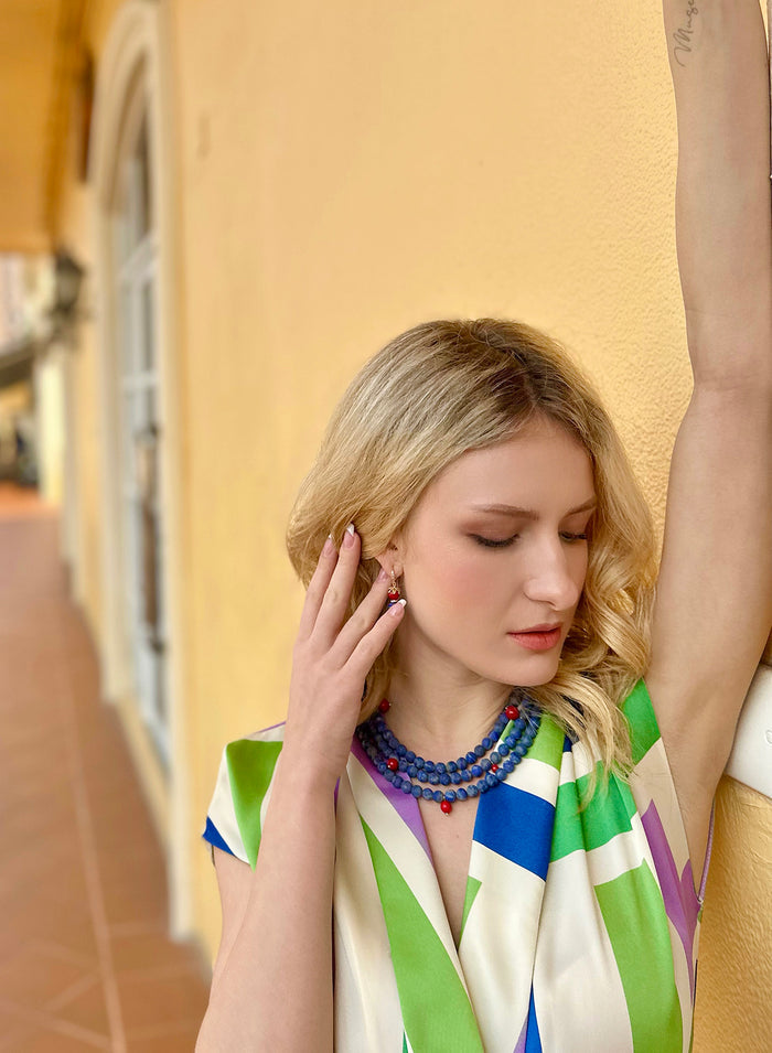 Multi-layers Matte Blue Lapis with Red Coral Statement Necklace JN023 - FARRA