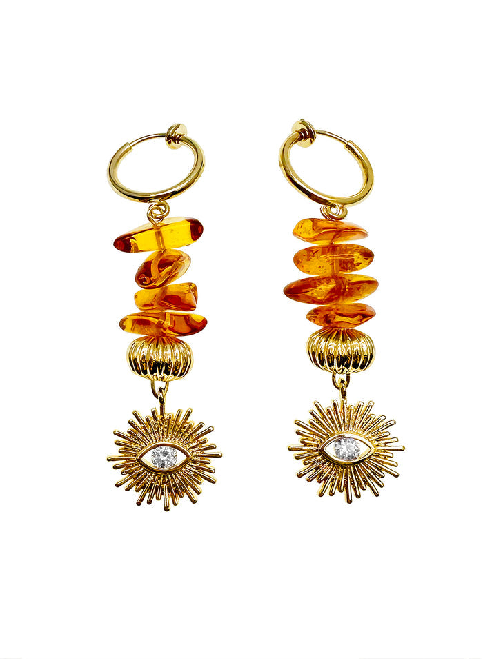 Natural Amber With Evil Eye Dangle Clip-on Earrings JE014 - FARRA