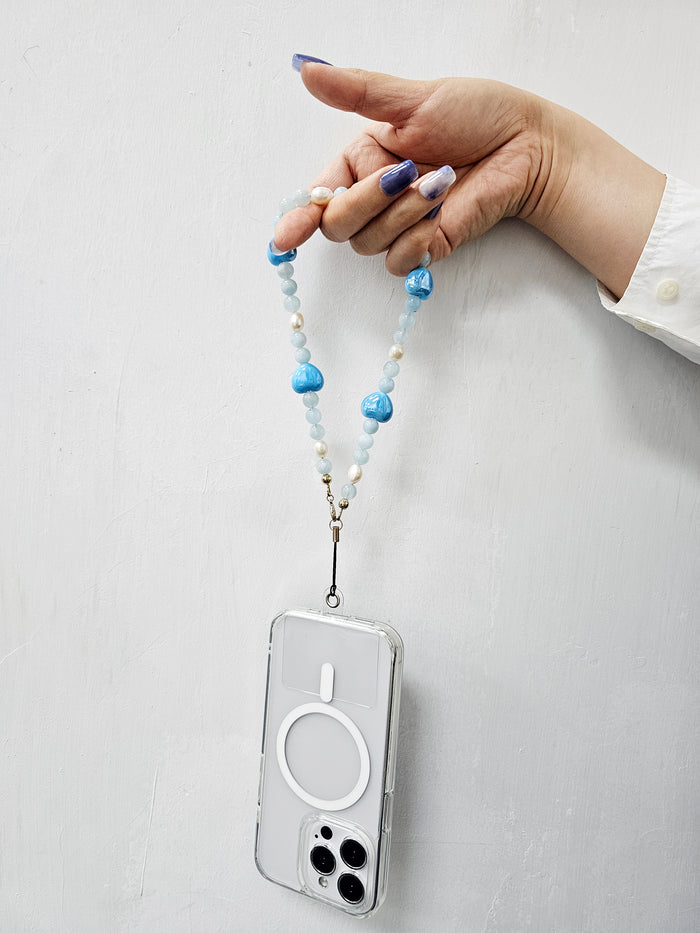 Natural Aquamarine And Freshwater Pearls With Hearts Phone Strap PC005