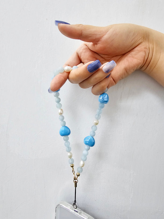 Natural Aquamarine And Freshwater Pearls With Hearts Phone Strap PC005