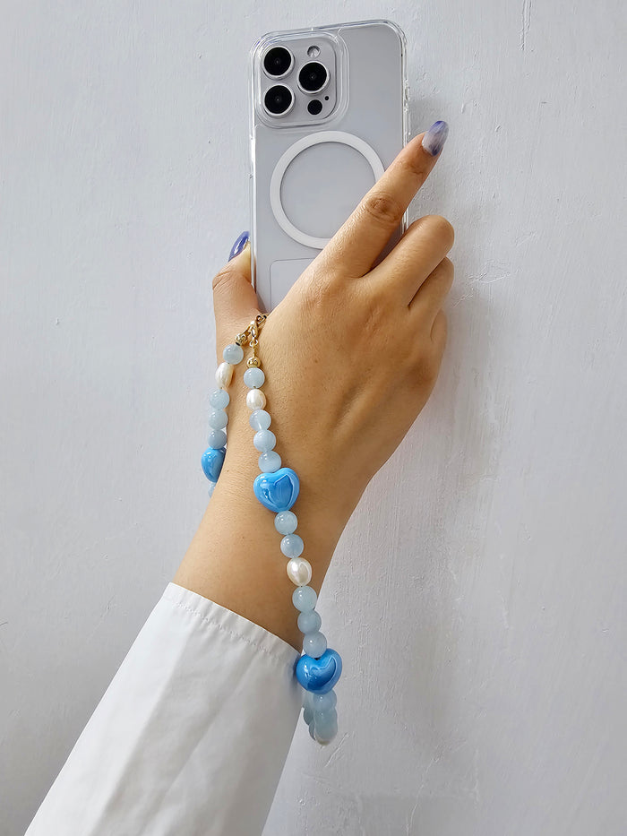 Natural Aquamarine And Freshwater Pearls With Hearts Phone Strap PC005
