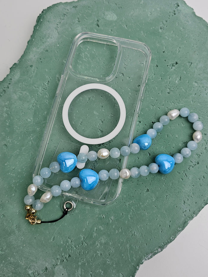 Natural Aquamarine And Freshwater Pearls With Hearts Phone Strap PC005