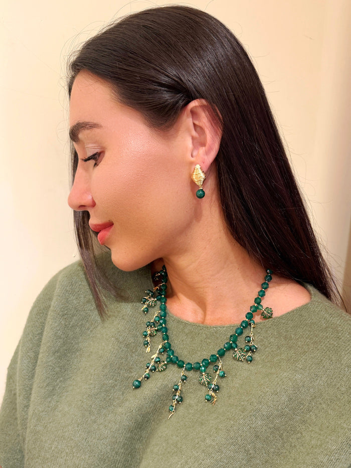 Natural Inspired Green Gemstone With Leaves Charm Tassel Necklace SN026
