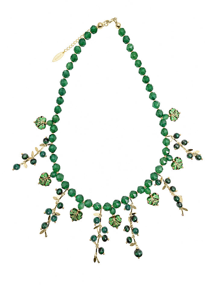 Natural Inspired Green Gemstone With Leaves Charm Tassel Necklace SN026