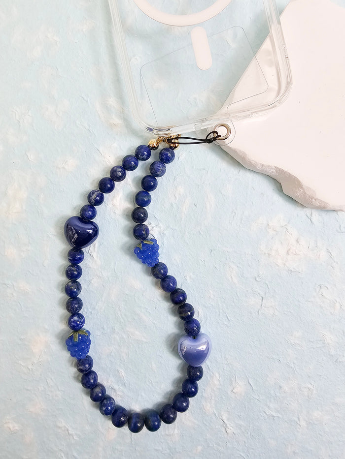 Natural Lapis Lazuli With Raspberry And Hearts Phone Strap PC020