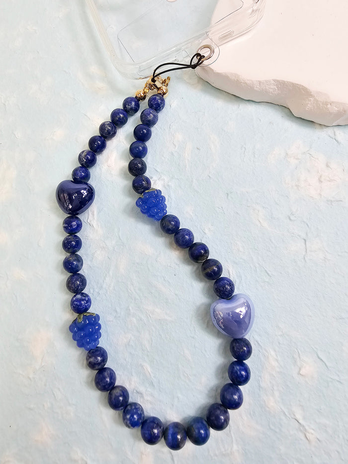 Natural Lapis Lazuli With Raspberry And Hearts Phone Strap PC020