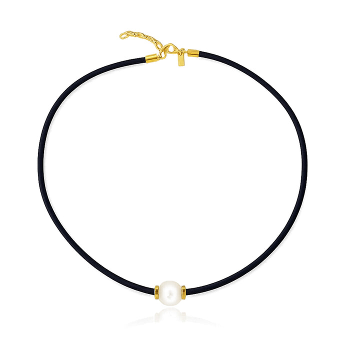 Nautical black neoprene necklace with 12–14mm round white freshwater pearl and gold vermeil details, designed in Broome Western Australia