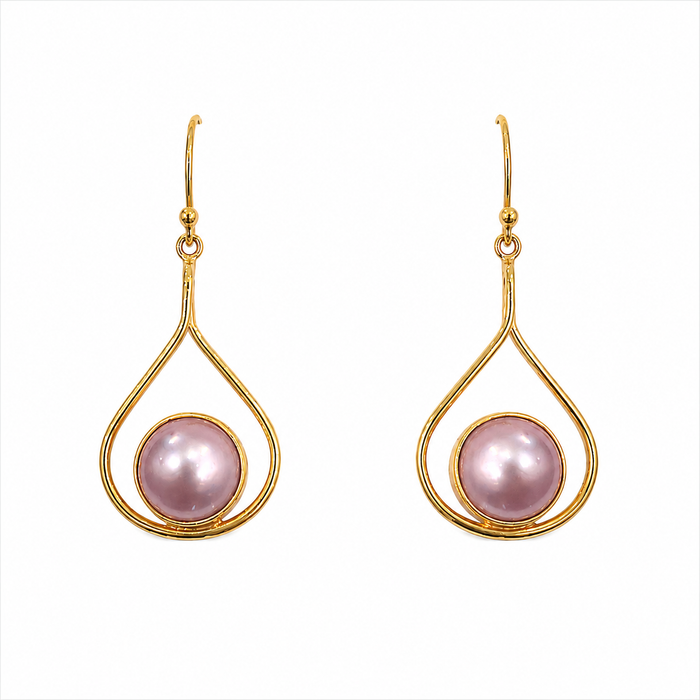 New Moon Pink Mabe Earrings Gold Vermeil featuring lustrous pink mabe pearls set in organic teardrop-shaped gold frames