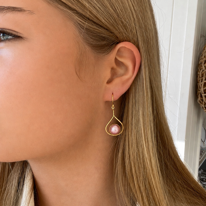 New Moon Pink Mabe Earrings Gold Vermeil featuring lustrous pink mabe pearls set in organic teardrop-shaped gold frames