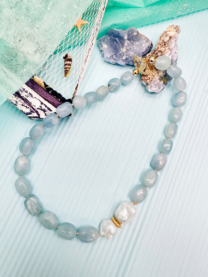 Nugget Aquamarine with Natural Baroque Pearls Necklace LN025