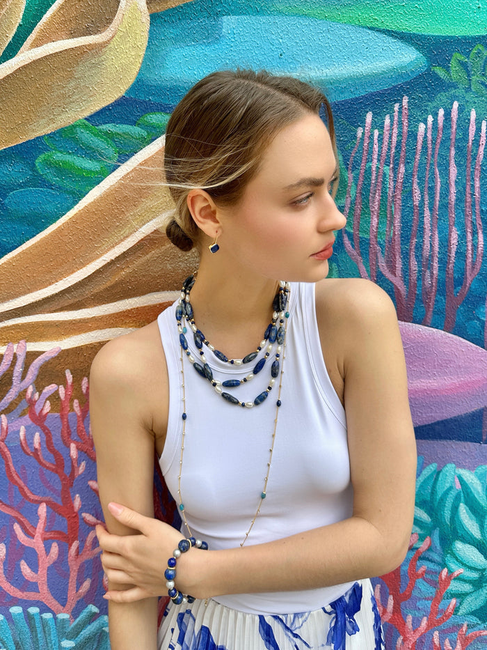 Nugget Blue Lapis with Gray Freshwater Pearls Adjustable Bracelet LB011 - FARRA