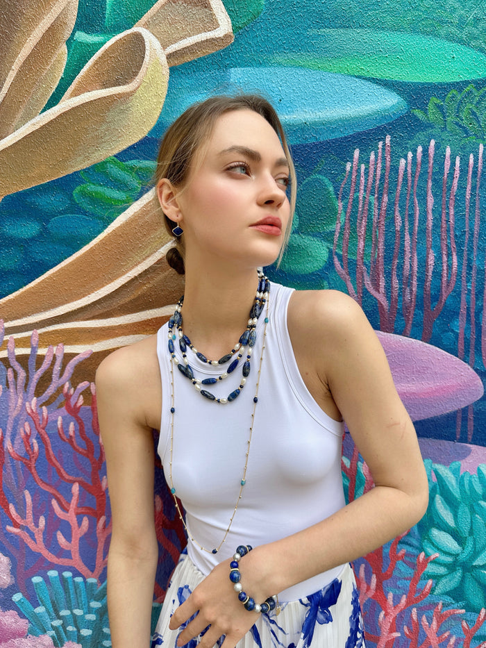 Nugget Blue Lapis with Gray Freshwater Pearls Adjustable Bracelet LB011 - FARRA